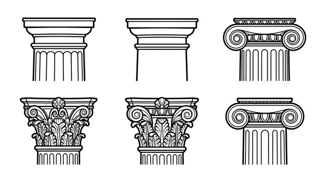 Classical architectural column capitals set featuring Doric, Ionic, and Corinthian order styles.