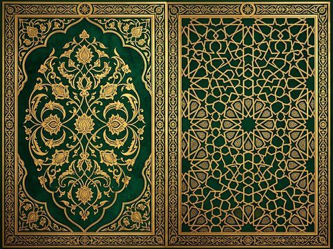 Intricate arabic geometric book cover with gold floral patterns and green background