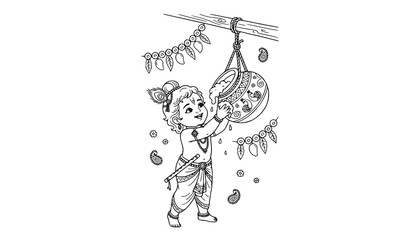 Fototapeta premium SEO Title: Makhan Chor Baby Krishna Eating Butter Hindu Janmashtami Line Art