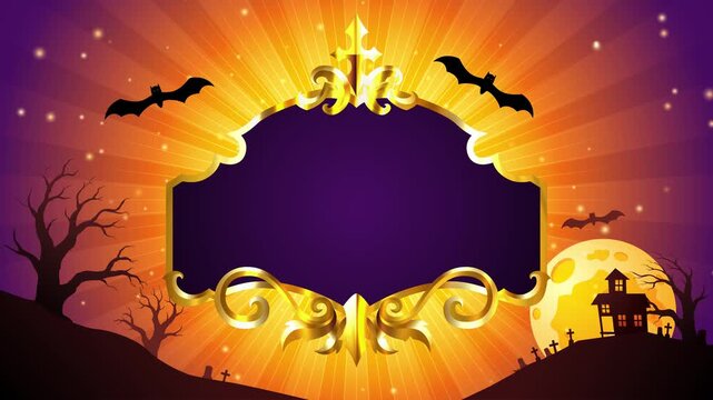 Haunted Halloween motion background with spooky house, full moon, bats, cemetery, dead trees, glowing rays and center copy space.