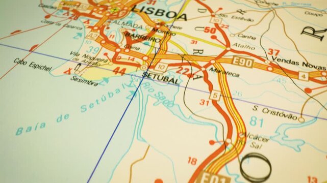 road routes to lisbon, portugal &ndash; moving across atlas map