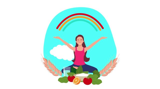 Concept of healthy living, animation featuring a woman practicing yoga surrounded by fresh fruits, vegetables, wheat, water and a bright rainbow.