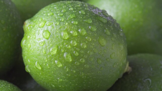 Closeup view of fresh ripe limes with drops of water