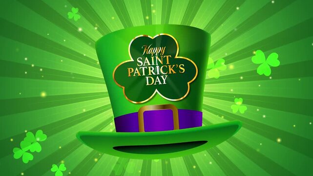 Festive Saint Patrick's Day motion background featuring a green leprechaun hat, golden shamrock details, sparkling lights and vibrant radial rays.