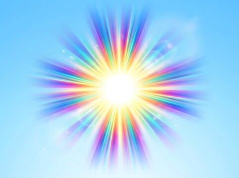Vibrant abstract light burst radiating from center against solid blue sky with gradient rays