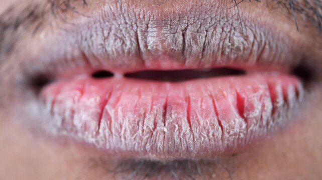 Close up shot of dry cracked lips showing skin texture and desiccation