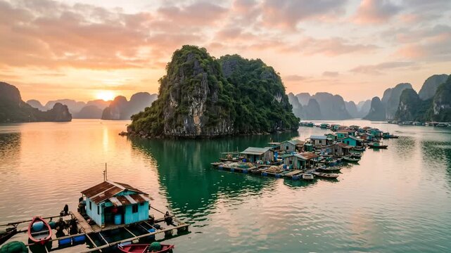 peaceful halong bay floating village and dramatic limestone islands at sunrise vietnam video