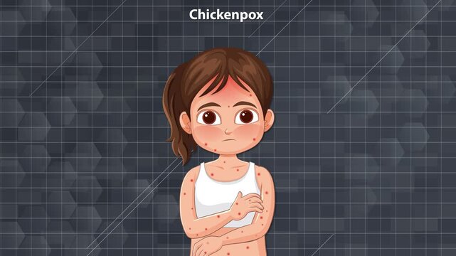 Cartoon animation showing chickenpox symptoms in young girl including fever headache and itchy rash on skin.