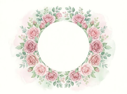 Delicate floral wreath with pink roses and green foliage arranged in circular composition