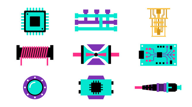 Microelectronics & Quantum Computing Component Icon Set Vector Illustration - Integrated Circuit Logic Gate Copper Coil Quantum Processor Fiber Optic Connector