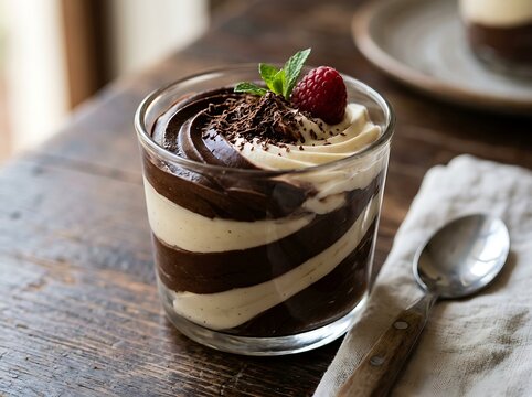 Chocolate raspberry dessert in glass with whipped cream garnish on wooden table