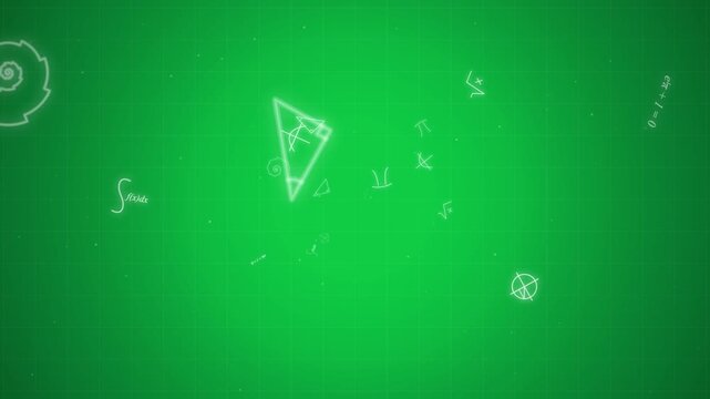 Motion graphics animation of math symbols and geometric shapes floating on green background