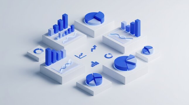 Isometric blue financial charts on white platforms represent business data visualization and modern analytics.