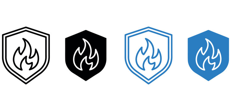 Fire resistant shield vector icon set, safety protection symbol illustration design.