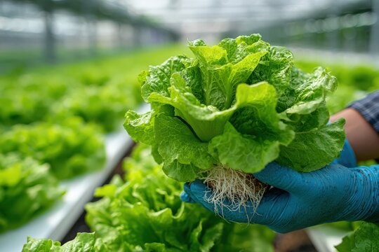 Fresh green lettuce held by a gloved hand, showcasing roots, in a hydroponic greenhouse with rows of leafy vegetables in the background