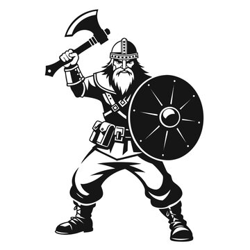 Viking warrior mascot vector illustration, fierce nordic barbarian with battle axe and shield, black and white medieval soldier character for gaming logos