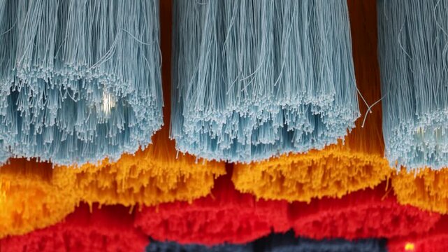 Abstract close up of colorful hanging fiber threads slowly swaying in gentle motion, creating a calming and textured visual backdrop.