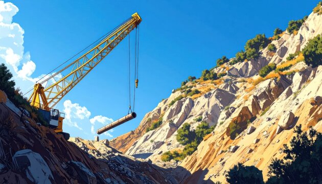 Heavy-duty crane lifting large pipe across a rugged, mountainous construction site under a clear blue sky.