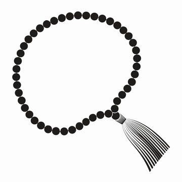 Islamic prayer beads with tassel vector illustration, black misbaha tasbih for dhikr and meditation, religious rosary beads icon on white background