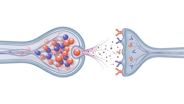 A detailed scientific of a synaptic gap showing neurotransmitter vesicles releasing chemical signals between two neurons on white background.