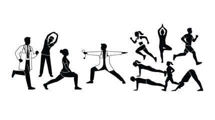 Obraz premium Silhouettes of doctors and athletic people performing yoga poses, pushups, planks, and running exercises to promote physical health isolated on a white background.