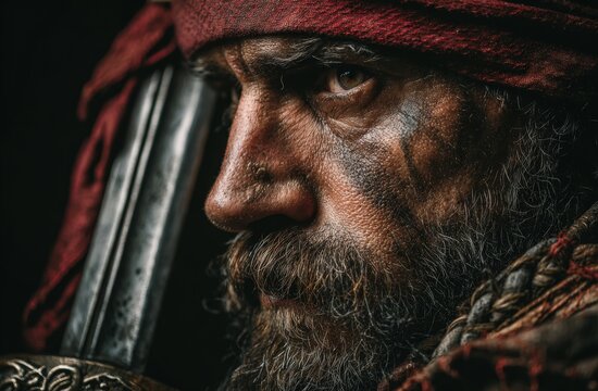 Male pirate with a rugged appearance and facial tattoos, wearing a red bandana, poses dramatically with a sword in a dark, moody setting
