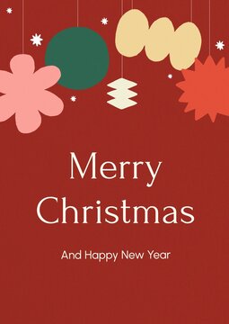 Festive red Christmas card with abstract ornaments and holiday wishes.