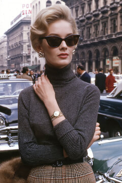 Elegant 1960s Woman Walking in European City &ndash; AI Generative