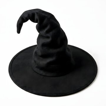 Classic black pointed witch hat with a curved tip isolated on a plain white background
