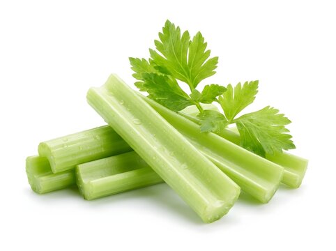 Fresh green celery sticks and leaves isolated on a white background for healthy eating and cooking