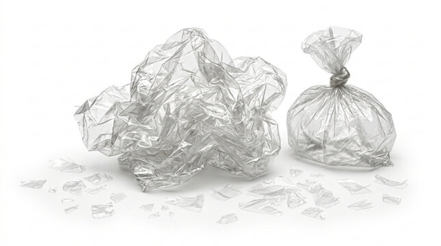 Crumpled transparent plastic sheet, tied plastic bag, and scattered fragments isolated on a white background depicting environmental pollution issues