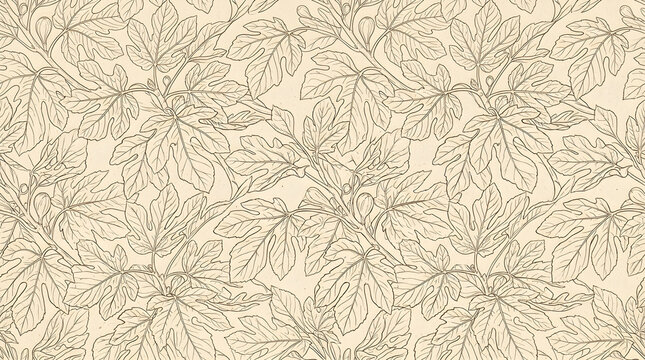 Seamless line art print pattern of layered fig branch leaves in fine sepia outlines with edge to edge coverage on warm beige paper texture perfect for planner and journal cover design