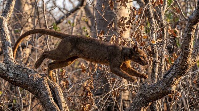 Agile Wild Fossa Leaping Between Tree Branches in Madagascar Dry Forest