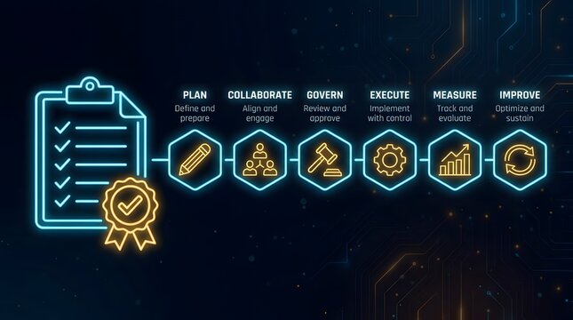 Business process flowchart with icons and neon glow