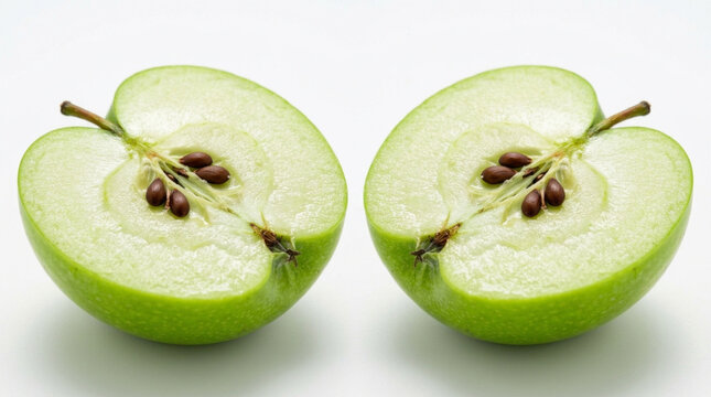 Fresh green apple cut cleanly in half showcasing the core, flesh, and brown seeds, arranged symmetrically on a minimalist white background for healthy eating and diet concepts