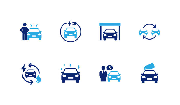 Set of car service icons including electric vehicle charging, car wash, maintenance, sales, and rental services