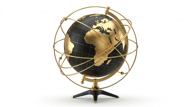 An elegant luxury black and gold desktop globe with metallic meridian and equatorial rings, featuring a dark continent map isolated on a bright white background for concepts
