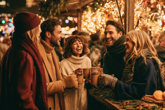 Friends Drinking Mulled Wine at Snowy Christmas Market