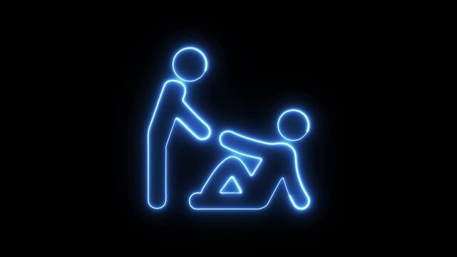 Glowing neon icon depicting one person offering a helping hand to another person who is sitting on the ground representing support and compassion