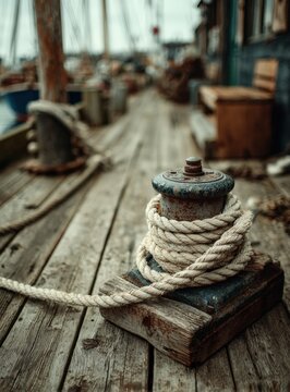 Weathered wooden dock with a mooring post wrapped in thick rope, boats and structures visible in the background under a cloudy sky