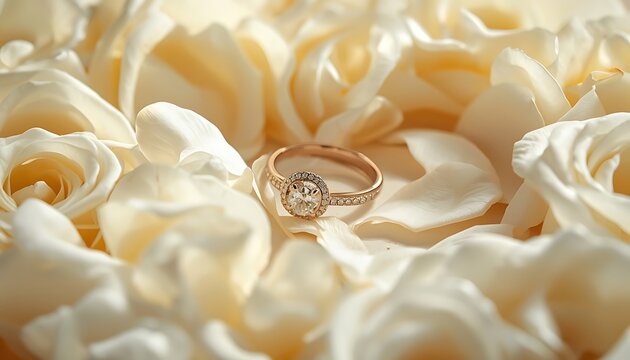 Diamond engagement ring resting on a bed of soft white rose petals