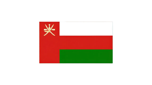 Oman national flag with red, white, green bands and khanjar emblem representing heritage, unity, peace, and proud tradition for the nation today.

