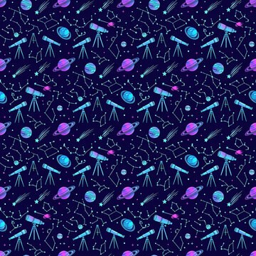 Mesmerizing cosmos packed with planets constellations and telescopes on deep galaxy indigo seamless pattern background