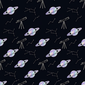 Saturn planets starry constellations and vintage telescopes on midnight black seamless pattern background