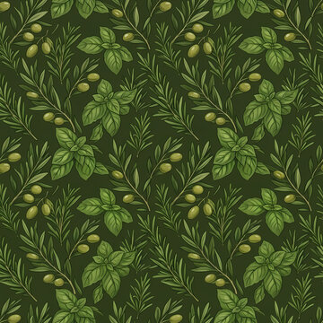 Abundant Mediterranean herb garden with olive branches and basil on deep olive green seamless pattern background