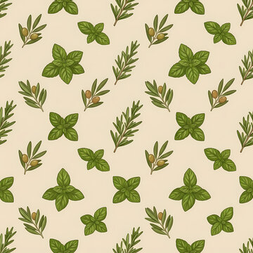 Charming botanical herb illustrations with olive and rosemary on soft warm oatmeal seamless pattern background