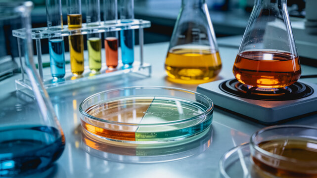 Laboratory Glassware with Colorful Chemical Solutions for Scientific Research