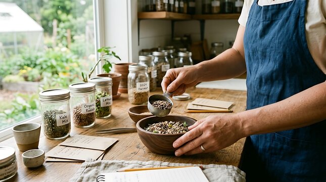Person in a blue apron working at a wooden table filled with glass jars of seeds and grains, sorting and packaging near a bright window