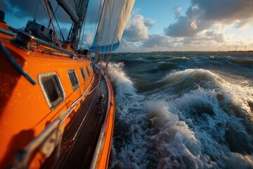 Obraz premium Sailing boat with orange hull navigating rough sea waves under a cloudy sky, sail billowing in the wind, showcasing maritime adventure and dynamic water movement