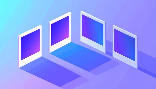 Isometric Blank Photo Frames with Gradient Screens on Purple and Blue Gradient Background